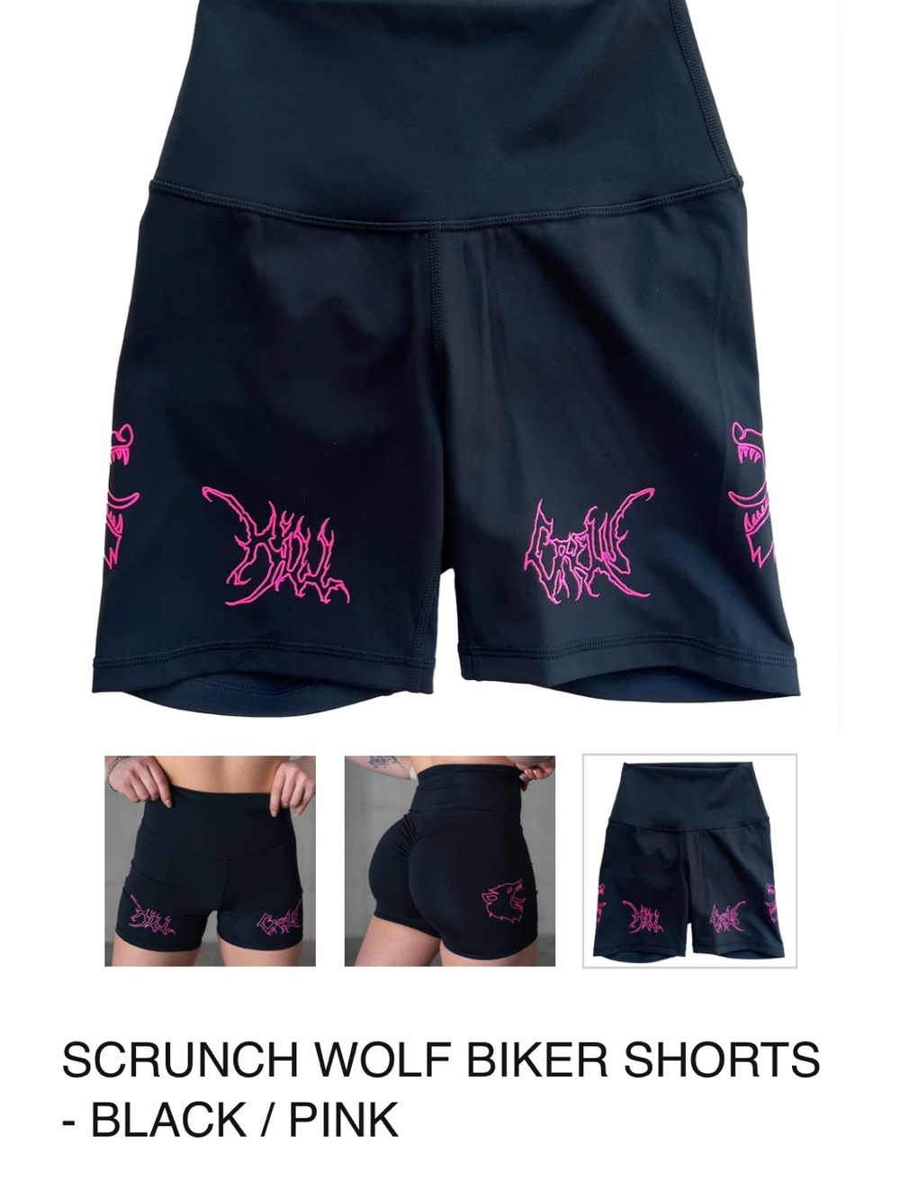 Kill Crew Black Biker Shorts with Pink Wolf Graphics
